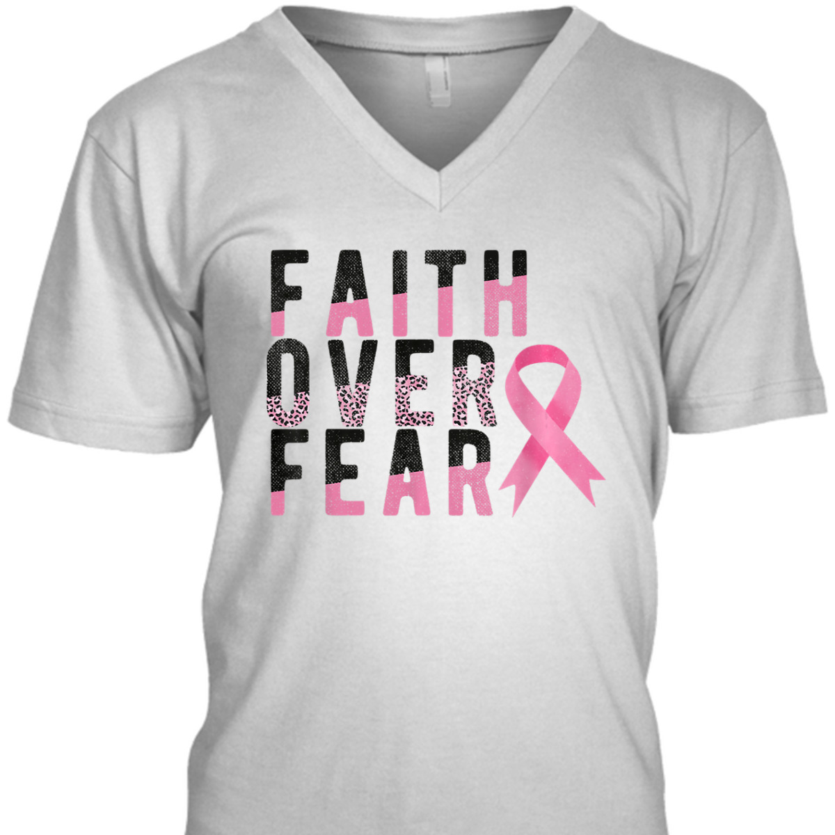Breast Cancer Faith Over Fear Pink Ribbon Leopard T-Shirt