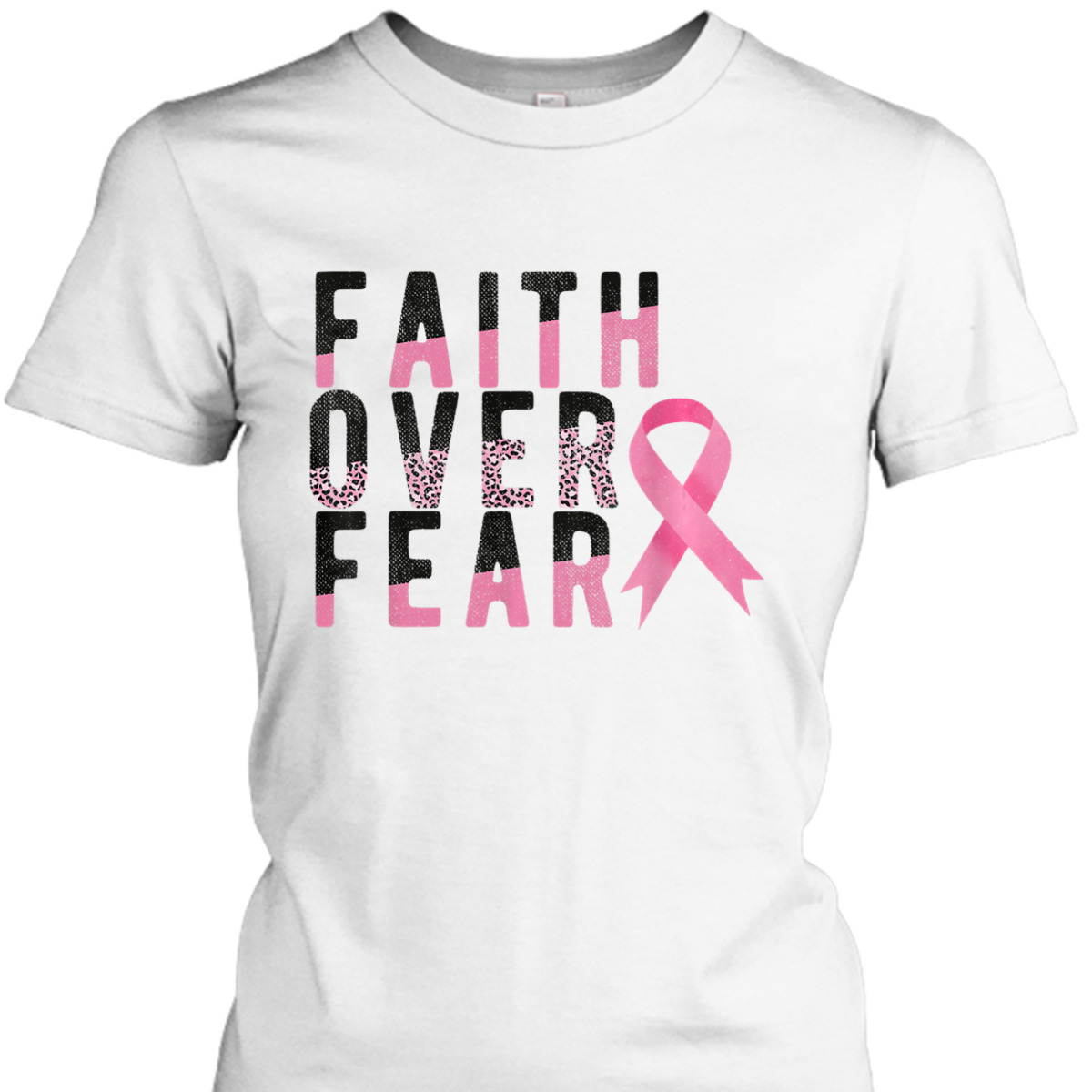 Breast Cancer Faith Over Fear Pink Ribbon Leopard T-Shirt