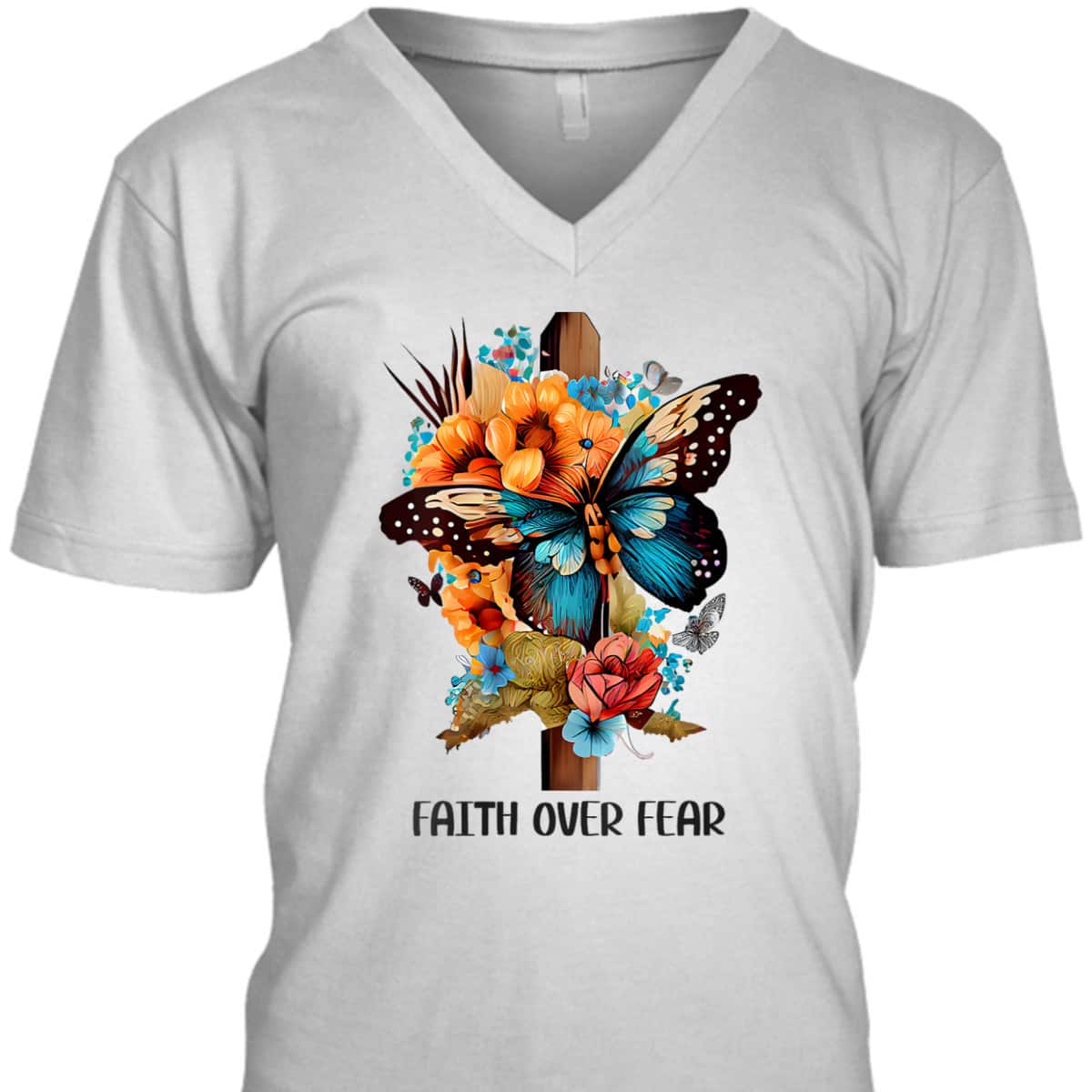 Faith Over Fear Floral Christian Cross Religious Butterfly T-Shirt