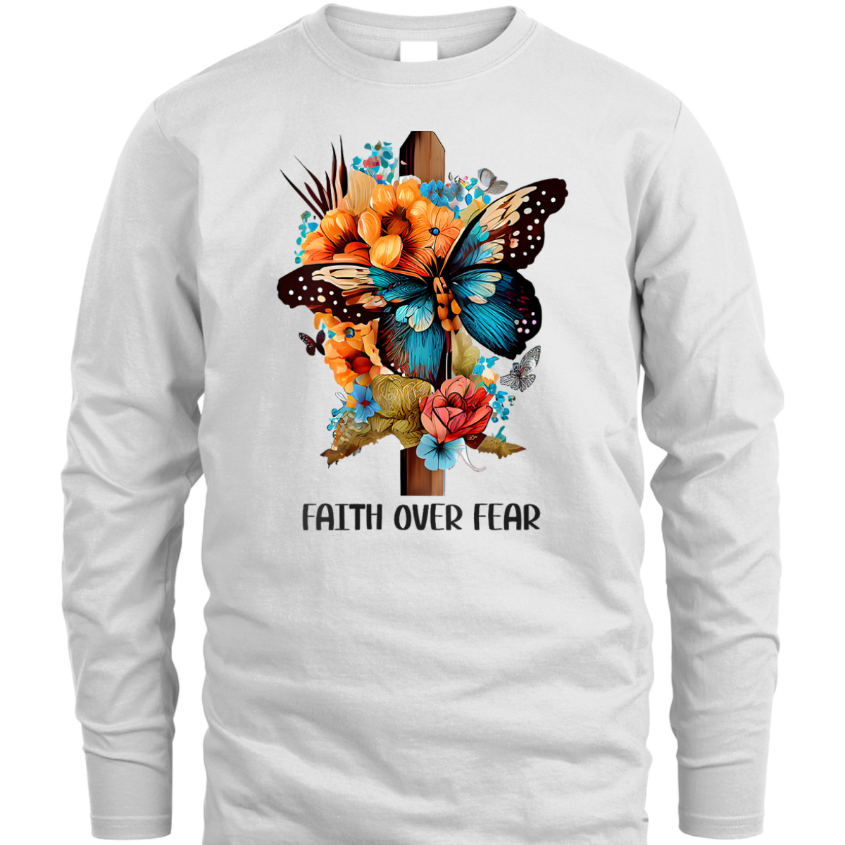 Faith Over Fear Floral Christian Cross Religious Butterfly T-Shirt
