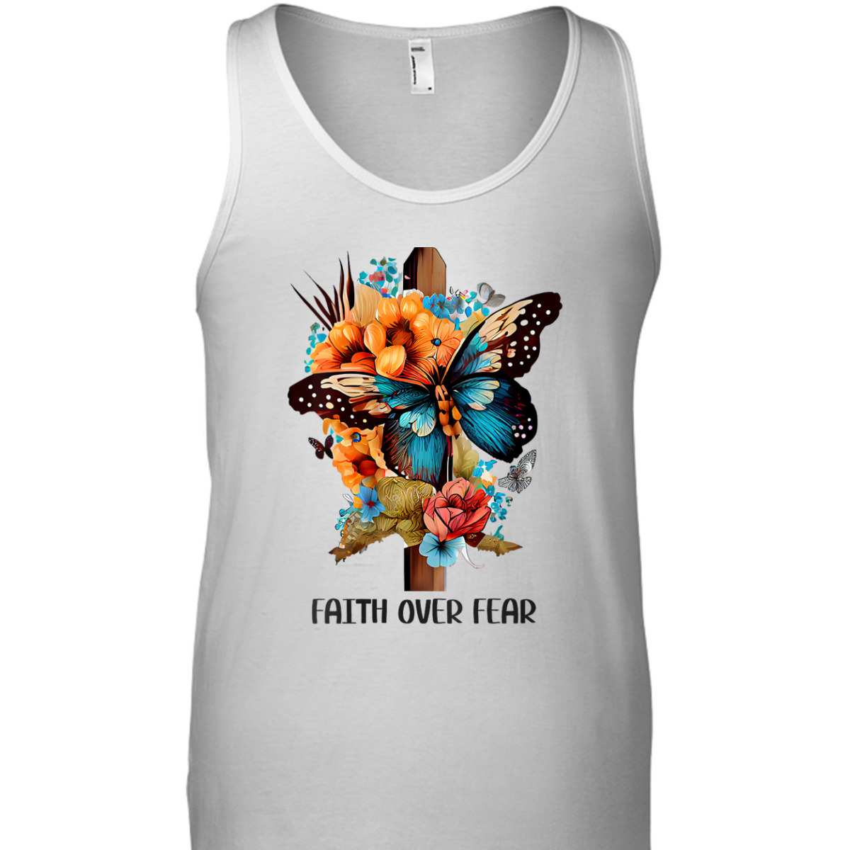 Faith Over Fear Floral Christian Cross Religious Butterfly T-Shirt