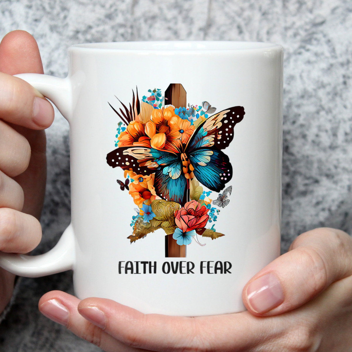 Faith Over Fear Floral Christian Cross Religious Butterfly T-Shirt