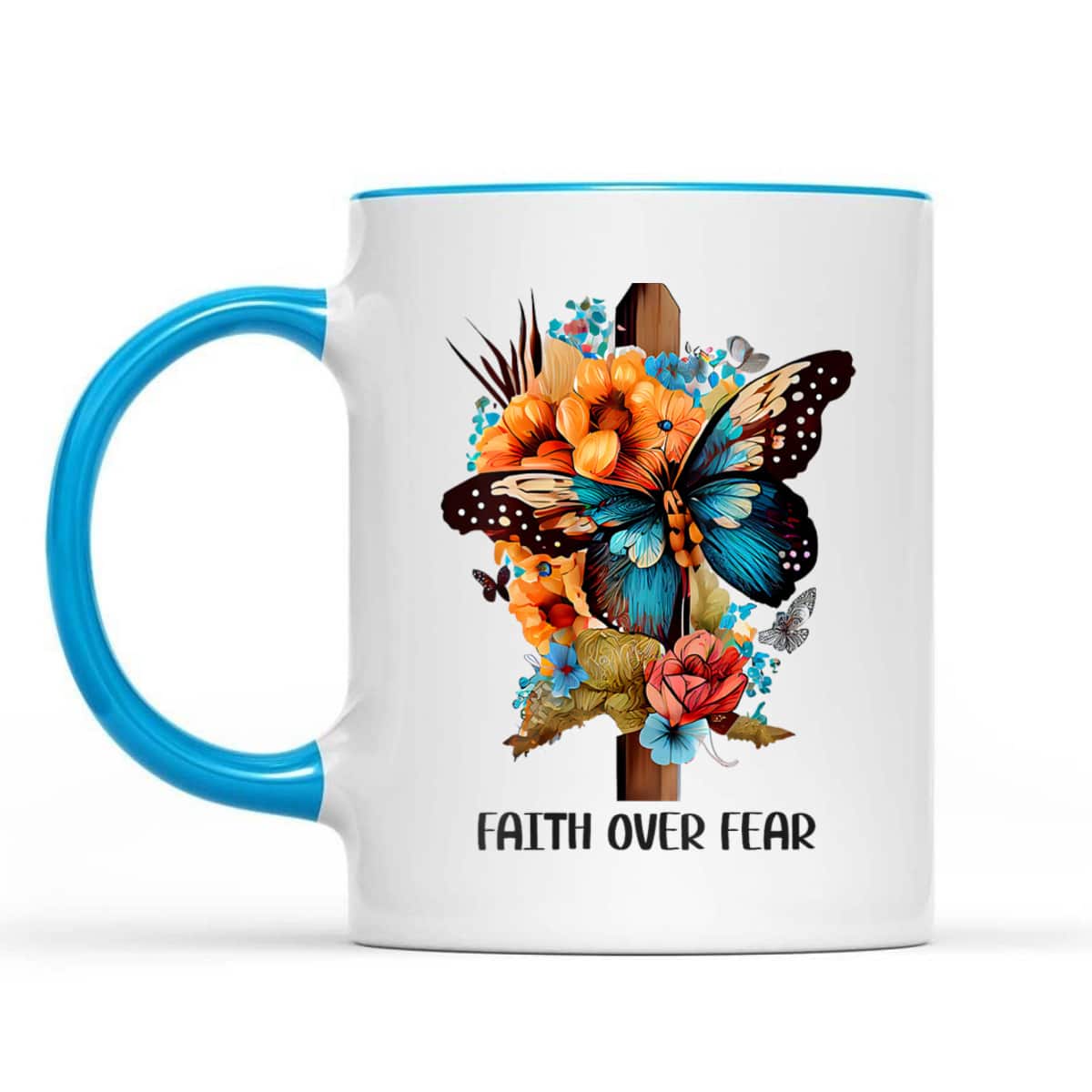 Faith Over Fear Floral Christian Cross Religious Butterfly T-Shirt