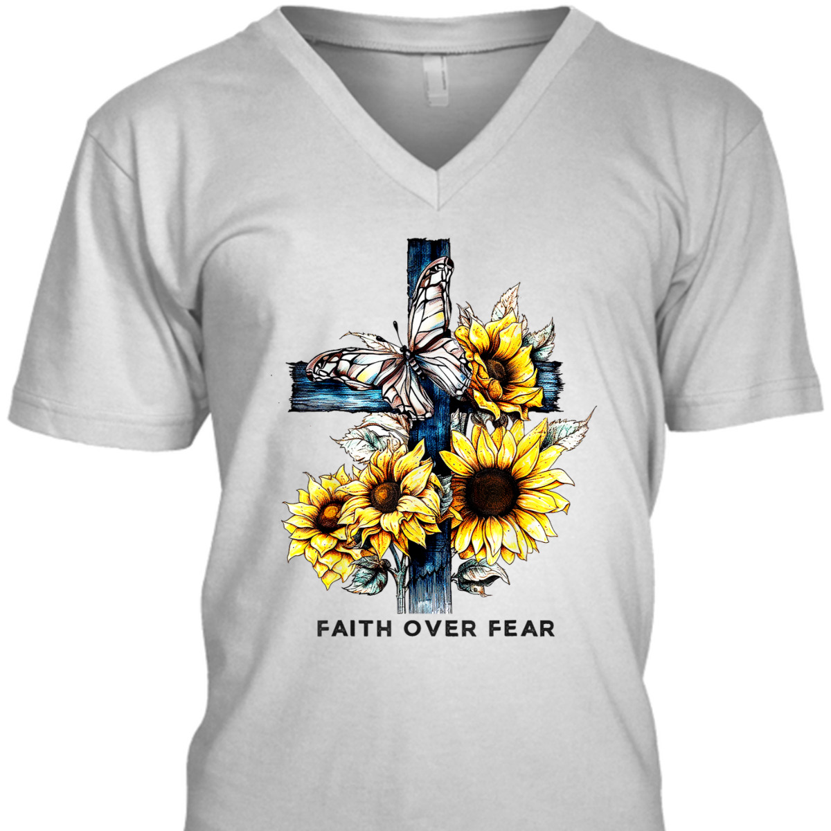 Christian Cross Sunflowers Butterflies Faith Over Fear T-Shirt