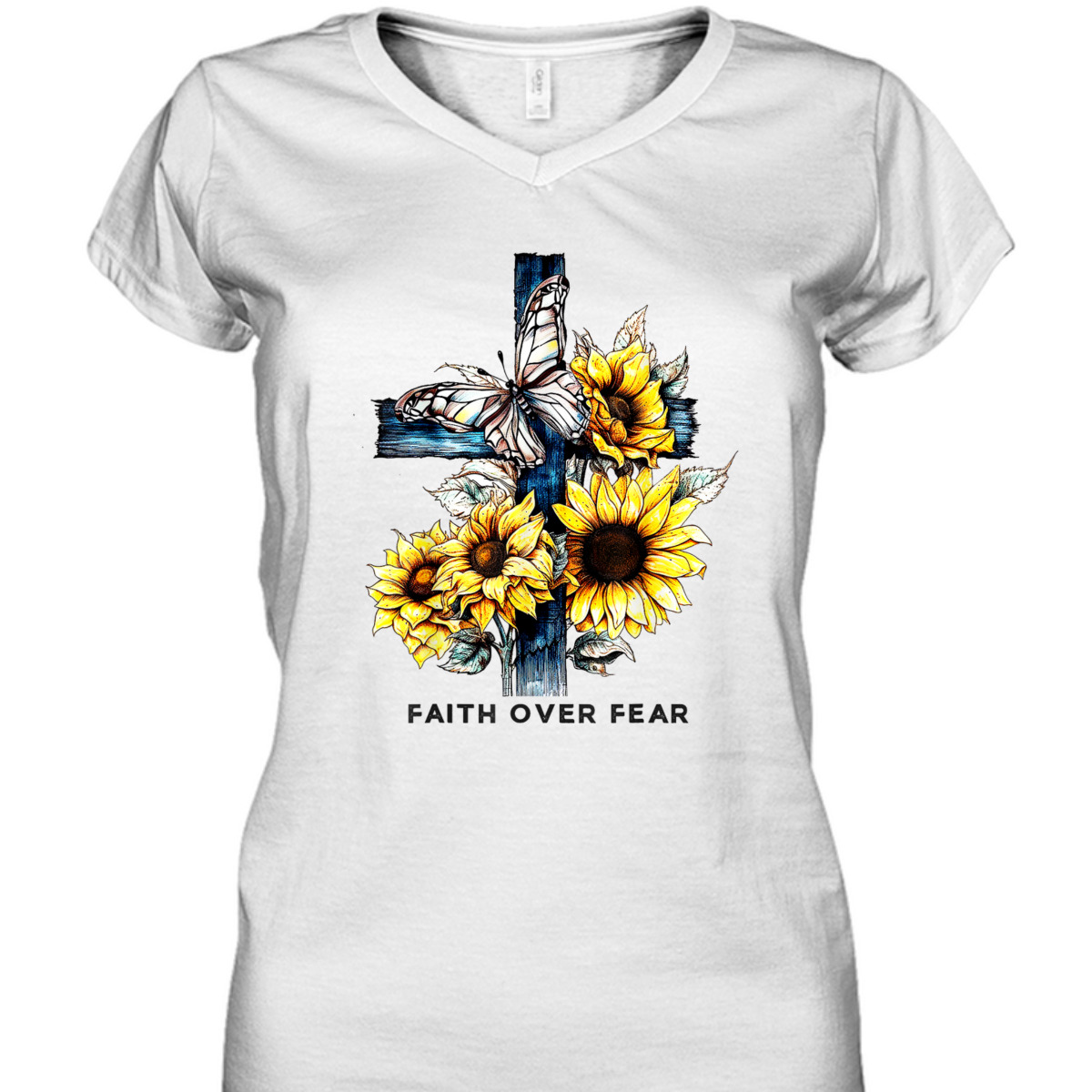 Christian Cross Sunflowers Butterflies Faith Over Fear T-Shirt
