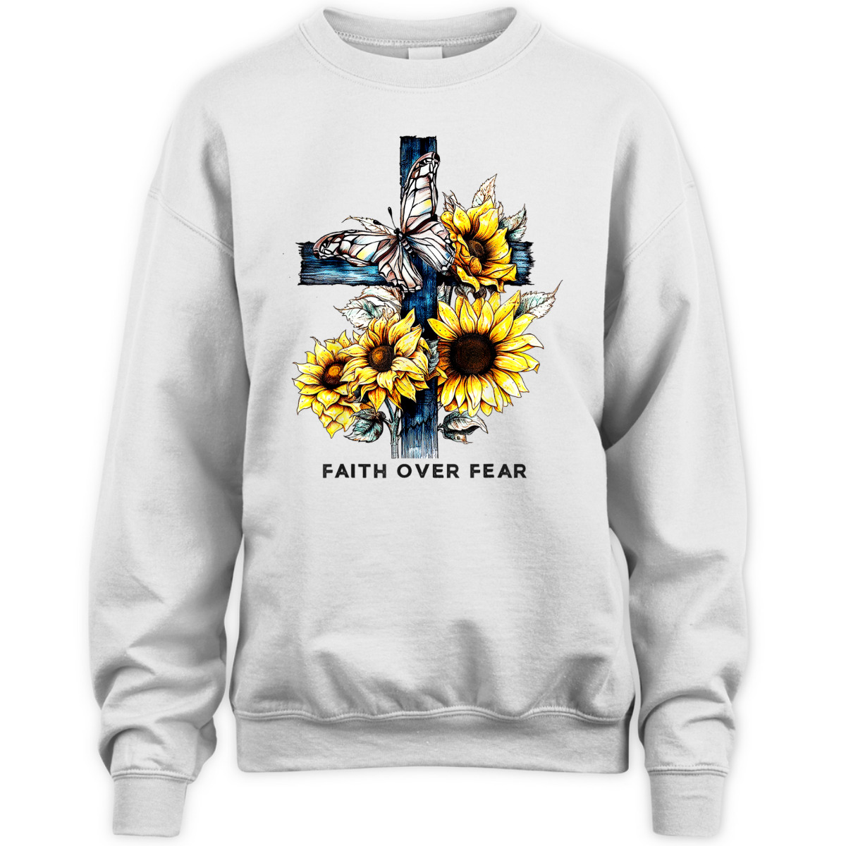 Christian Cross Sunflowers Butterflies Faith Over Fear T-Shirt