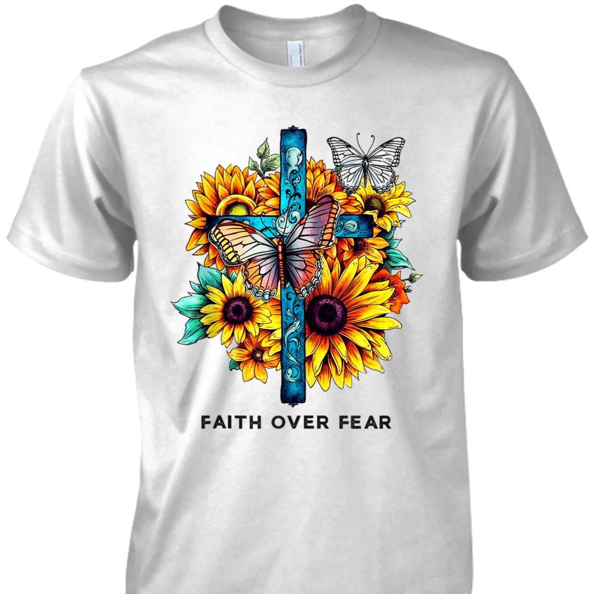 Floral Cross Christian Faith Over Fear Religious Bible Verse T-Shirt Butterflies Floral Cross Christian Faith Over Fear Religious Bible Verse T-Shirt Butterflies