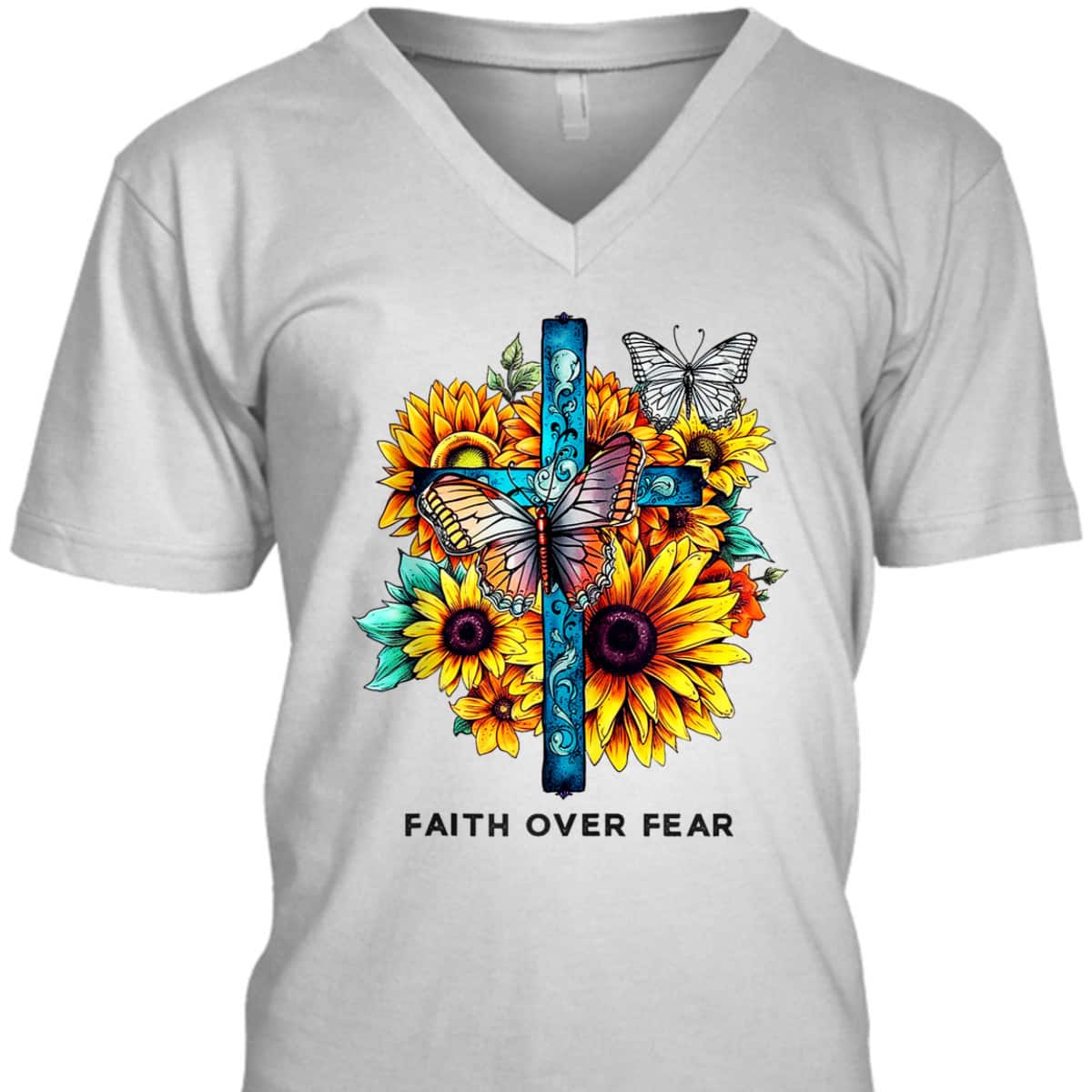 Floral Cross Christian Faith Over Fear Religious Bible Verse T-Shirt Butterflies Floral Cross Christian Faith Over Fear Religious Bible Verse T-Shirt Butterflies