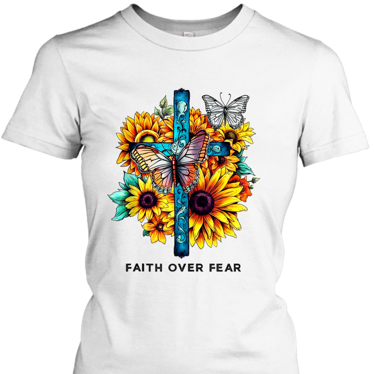 Floral Cross Christian Faith Over Fear Religious Bible Verse T-Shirt Butterflies