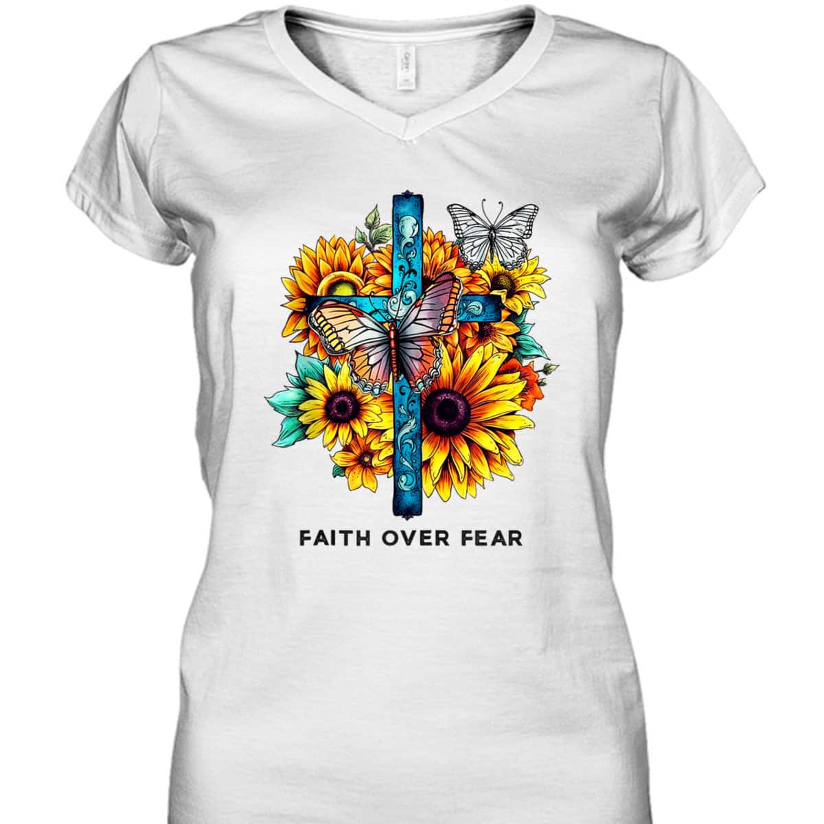 Floral Cross Christian Faith Over Fear Religious Bible Verse T-Shirt Butterflies Floral Cross Christian Faith Over Fear Religious Bible Verse T-Shirt Butterflies