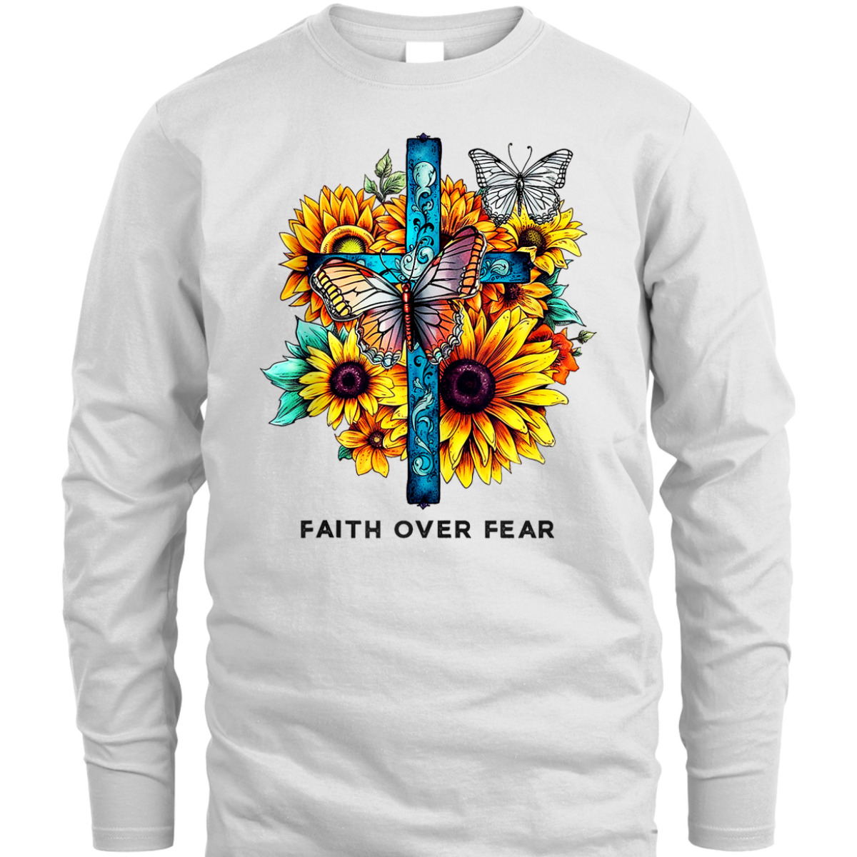 Floral Cross Christian Faith Over Fear Religious Bible Verse T-Shirt Butterflies Floral Cross Christian Faith Over Fear Religious Bible Verse T-Shirt Butterflies