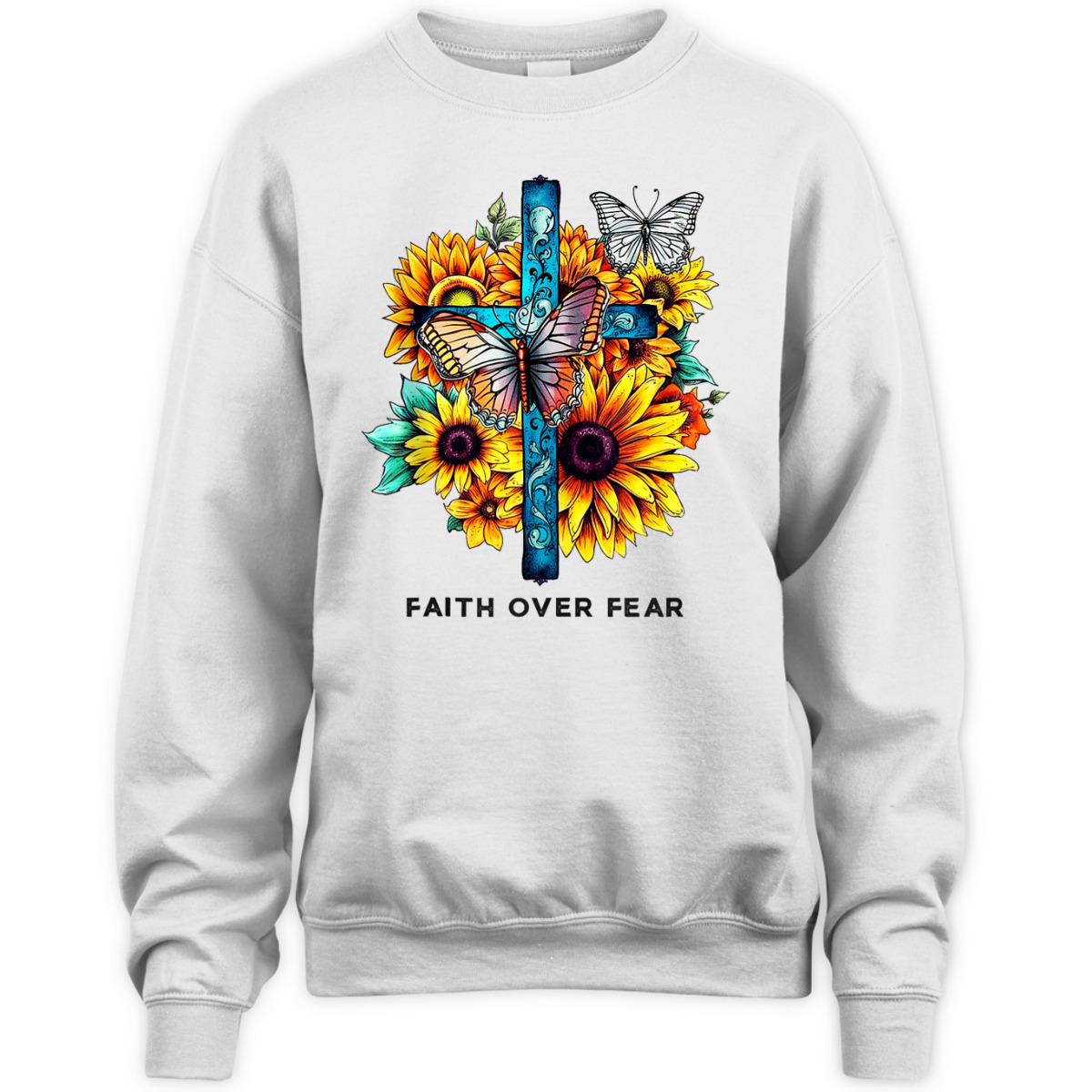 Floral Cross Christian Faith Over Fear Religious Bible Verse T-Shirt Butterflies Floral Cross Christian Faith Over Fear Religious Bible Verse T-Shirt Butterflies