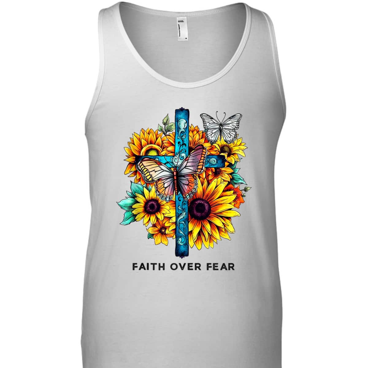 Floral Cross Christian Faith Over Fear Religious Bible Verse T-Shirt Butterflies
