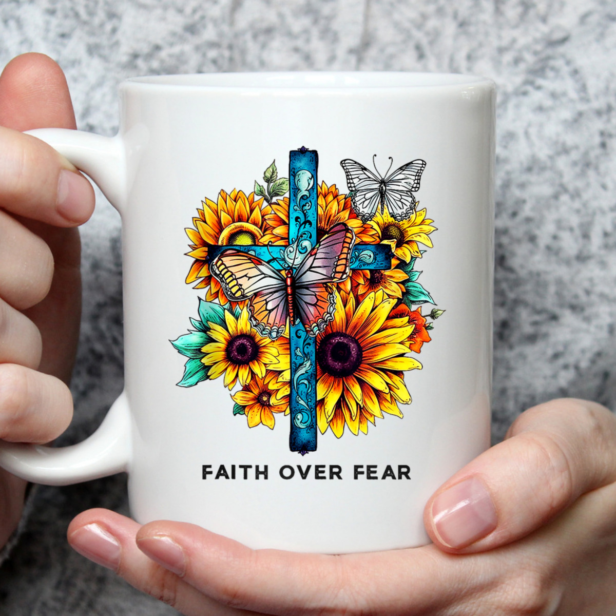 Floral Cross Christian Faith Over Fear Religious Bible Verse T-Shirt Butterflies