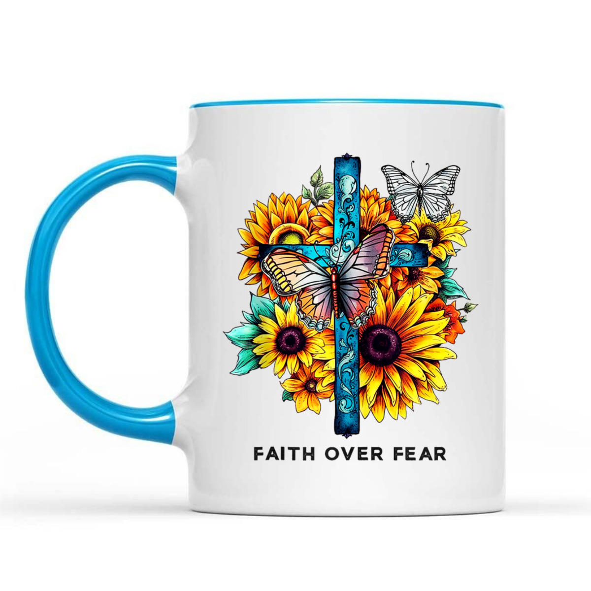 Floral Cross Christian Faith Over Fear Religious Bible Verse T-Shirt Butterflies