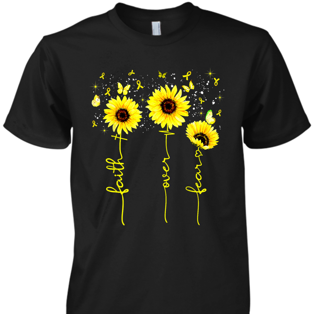 Faith Over Fear T-Shirt Childhood Cancer Awareness Sunflower Gift For Believers