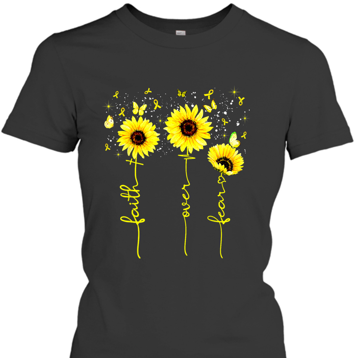 Faith Over Fear T-Shirt Childhood Cancer Awareness Sunflower Gift For Believers