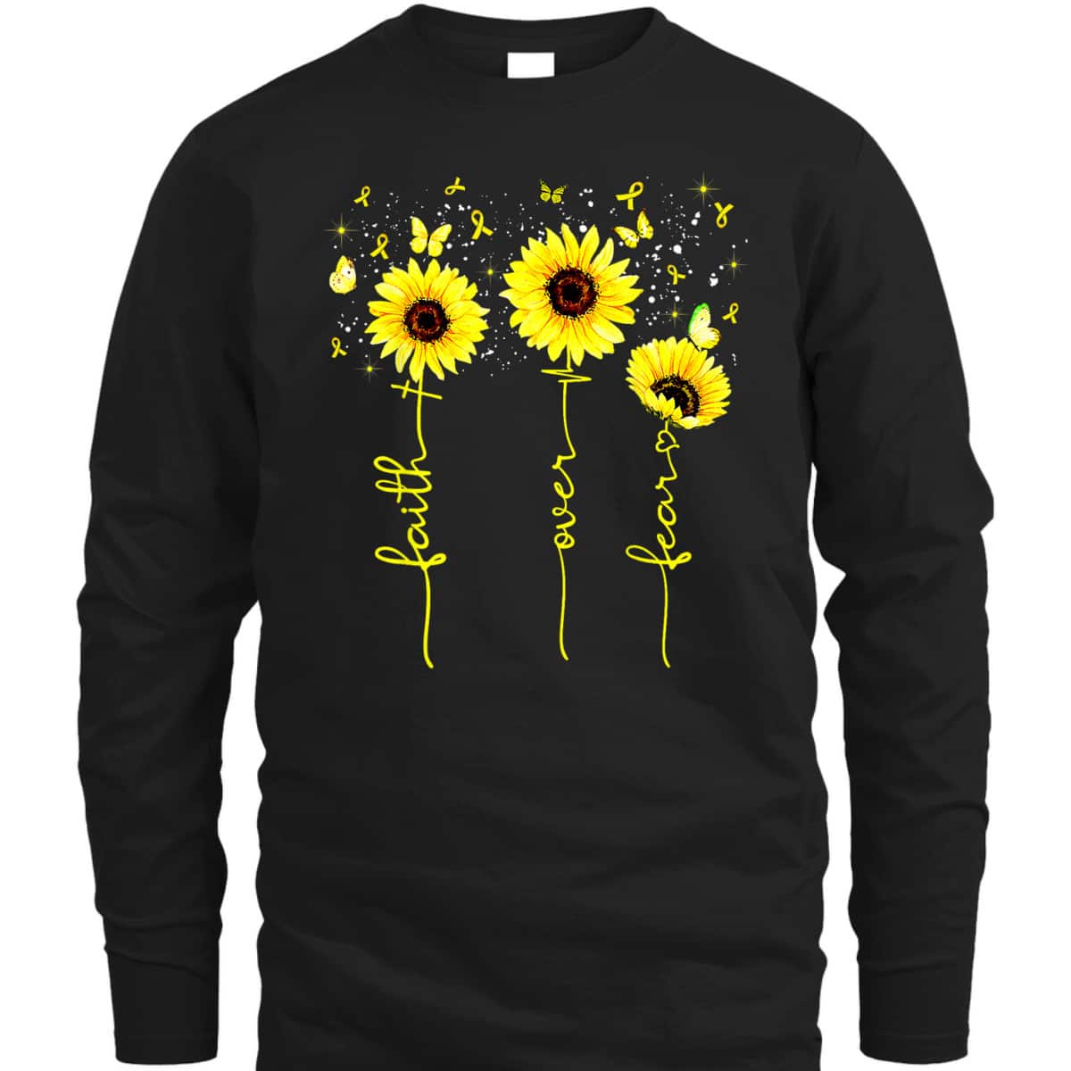 Faith Over Fear T-Shirt Childhood Cancer Awareness Sunflower Gift For Believers