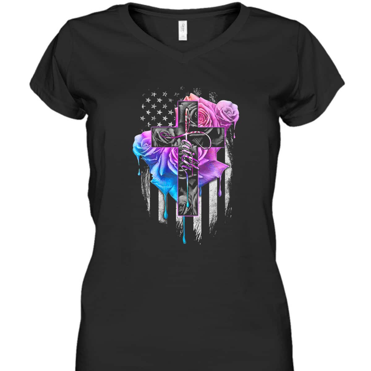 Christian Faith T-Shirt Rose Watercolor Cross US Flag July Fourth Christian Faith T-Shirt Rose Watercolor Cross US Flag July Fourth