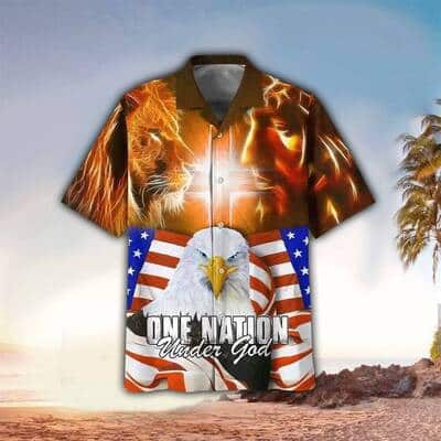 4th Of July Independence Day Gift One Nation Under God Lion Eagle Jesus Christian Hawaiian Shirt