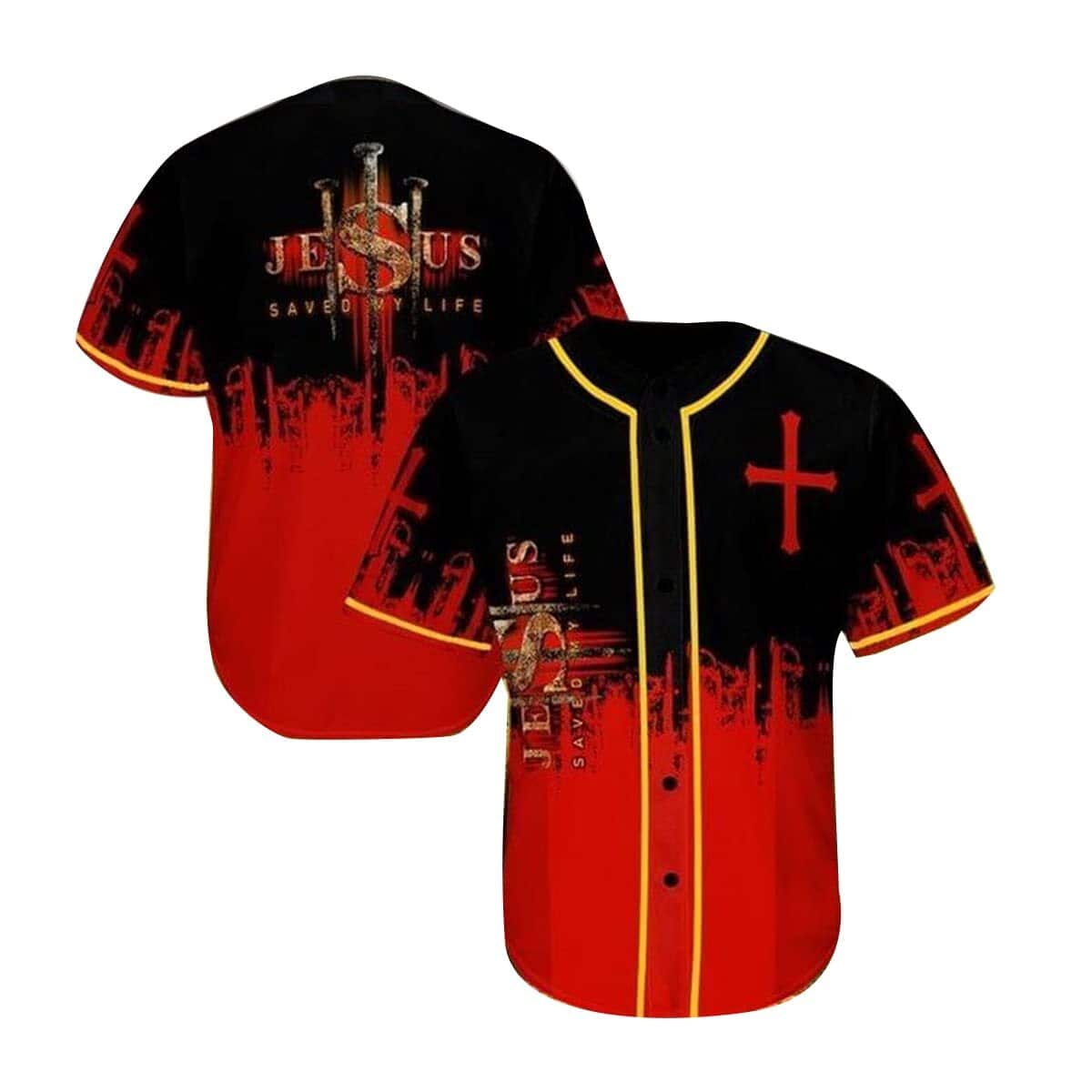 Jesus Saved My Life On The Fire Pattern Religious Gift For Christians Baseball Jersey