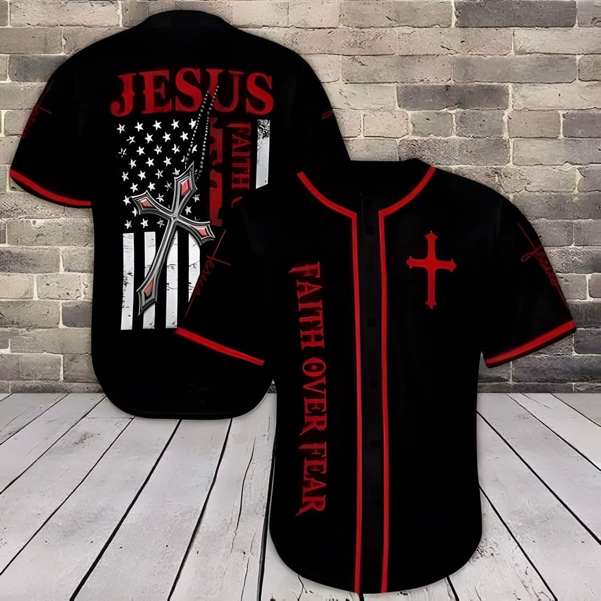 US Flag 4th Of July Christian Baseball Jersey Faith Over Fear Best Christian Gift For Believers