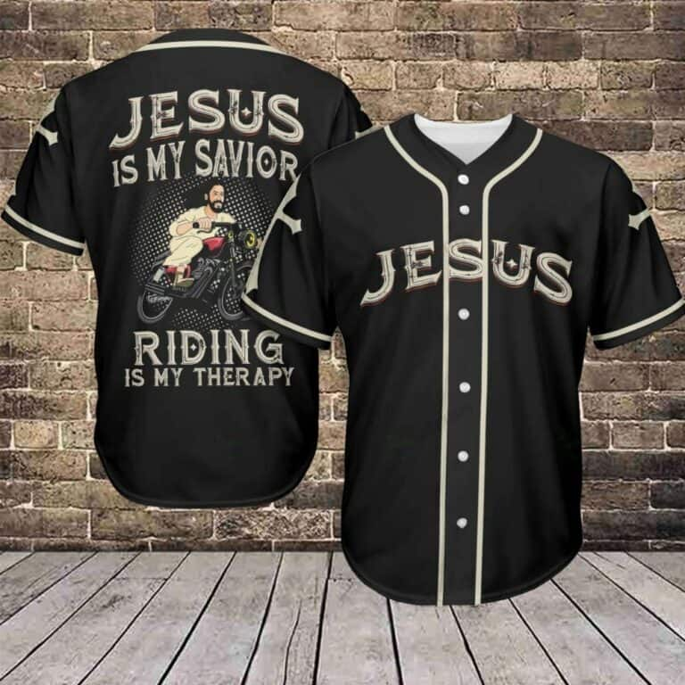 Jesus Is My Savior Baseball Jersey Riding Is My Therapy Funny Christian Gift For Biker