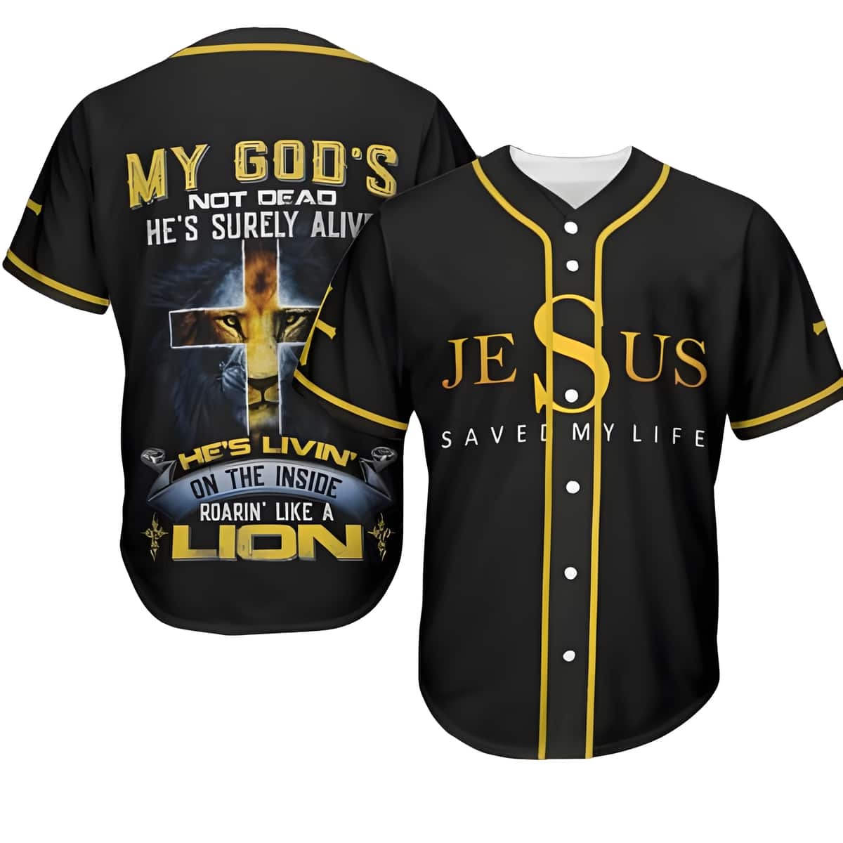 Jesus Saved My Life Lion Christian Cross Baseball Jersey My God's Not Dead He's Surely Alive