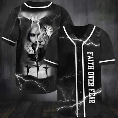 Christian Baseball Jersey Jesus Lion Time Faith Over Fear Bible Verse Gift