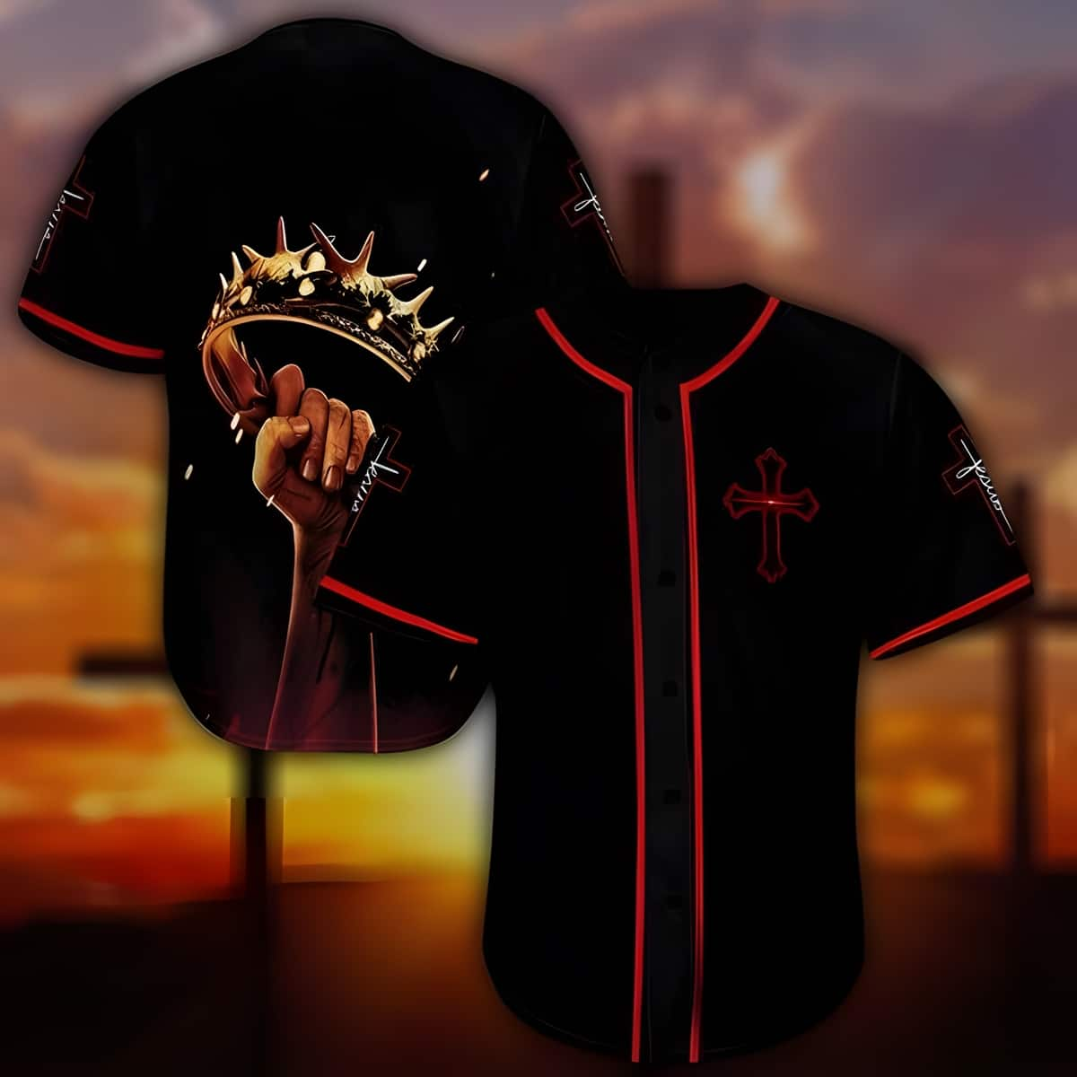 Black And Red Christian Baseball Jersey Cross Crown Unique Religious Gift For Friends