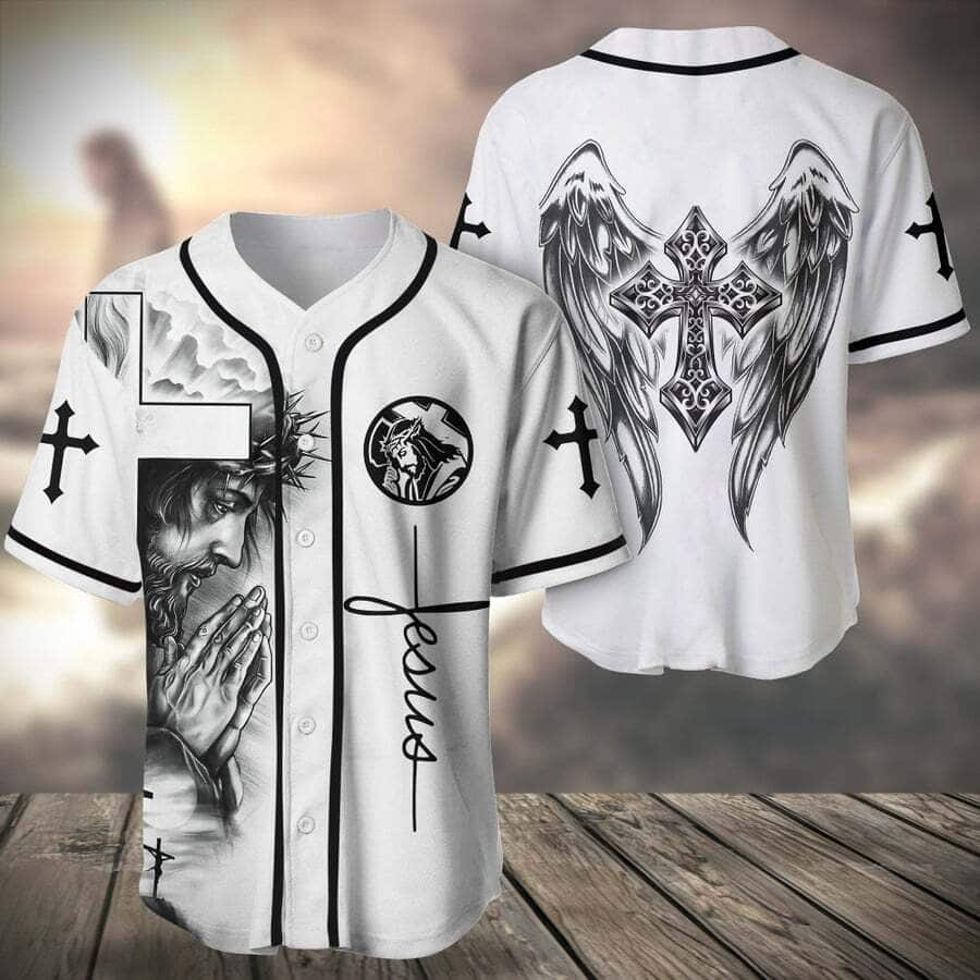 White Christian Baseball Jersey Cross Angel Wings Jesus Lover Gift