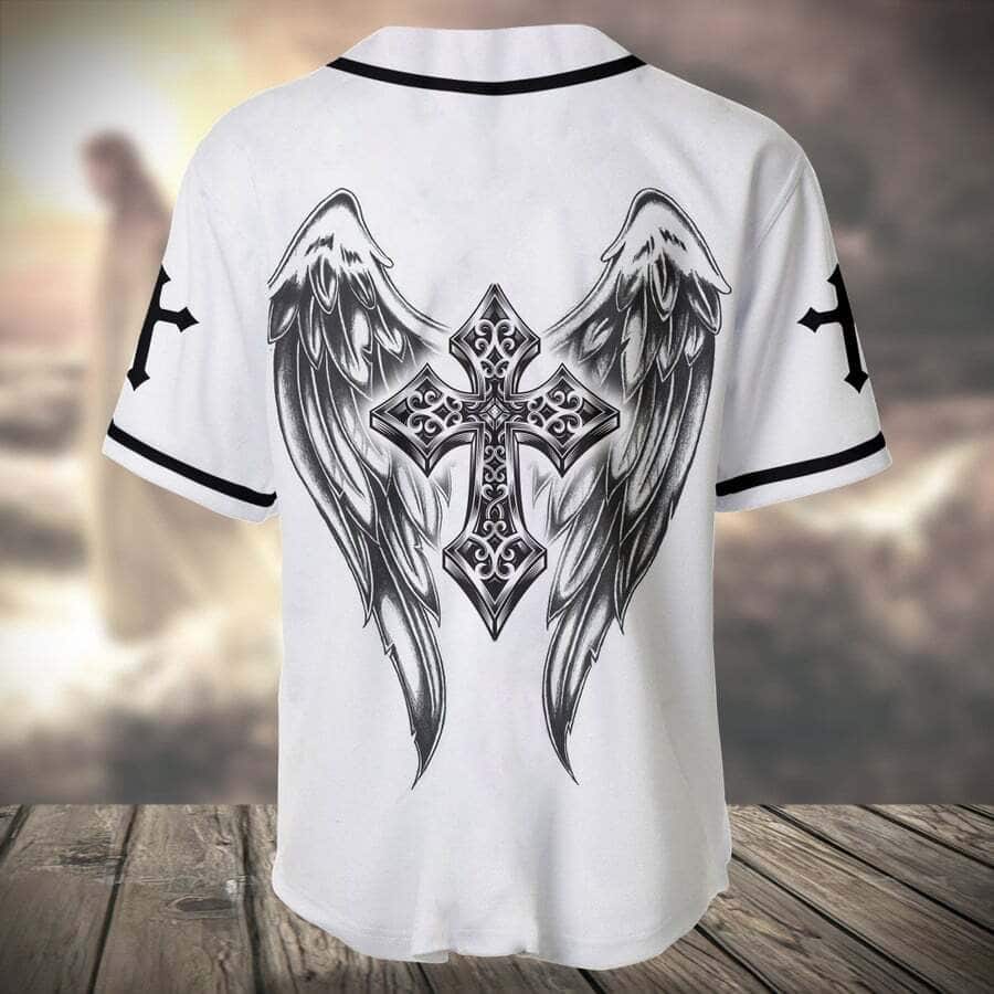 White Christian Baseball Jersey Cross Angel Wings Jesus Lover Gift White Christian Baseball Jersey Cross Angel Wings Jesus Lover Gift