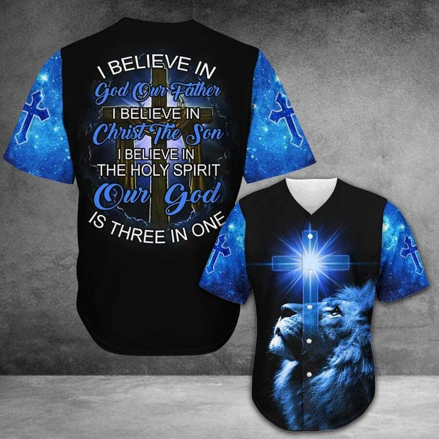 I Believe In God Our Father I Believe In The Holy Spirit Jesus Cross Lion Baseball Jersey