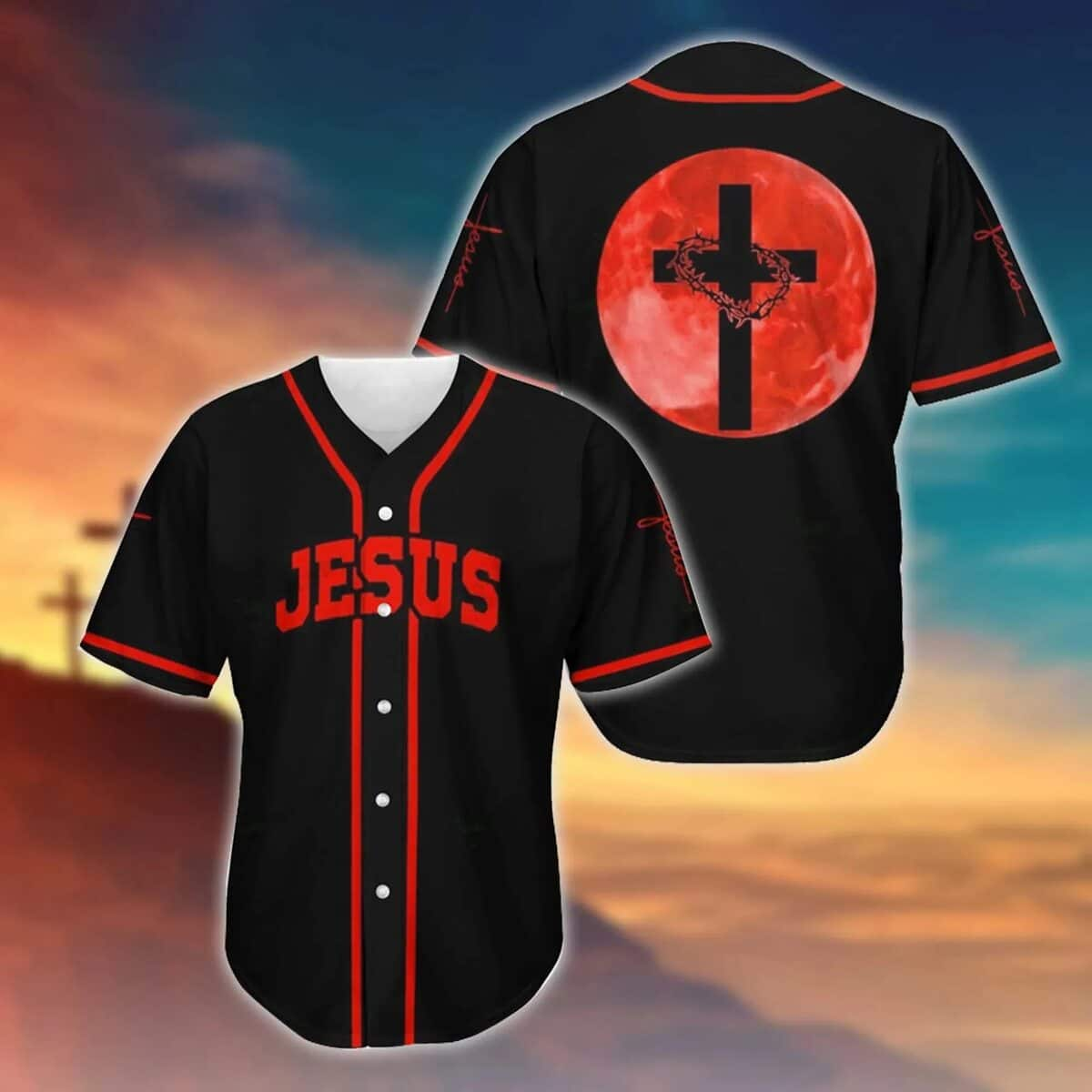 Christian Baseball Jersey Christian Cross In A Red Moon Religious Christian Gift