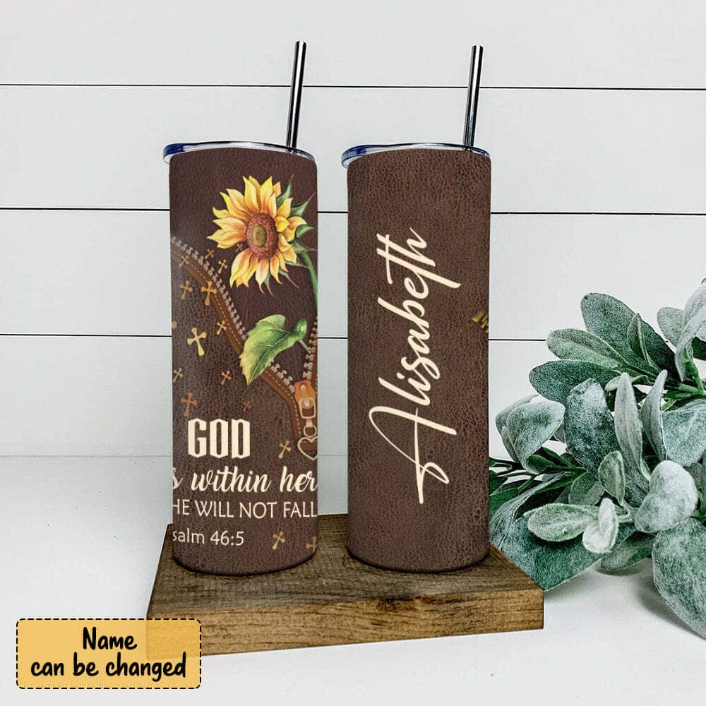 Personalized Bible Verse Christian Skinny Tumbler God Is Within Her She Will Not Fall