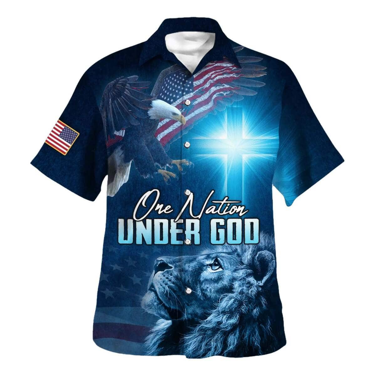 Jesus Christ Lion Eagle One Nation Under God American Christian 4th Of July Hawaiian Shirt