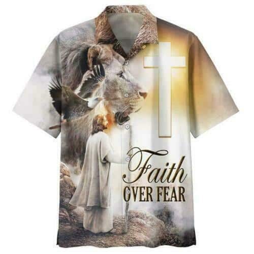 Faith Over Fear Jesus Lion Christian Cross Bible Verse Hawaiian Shirt