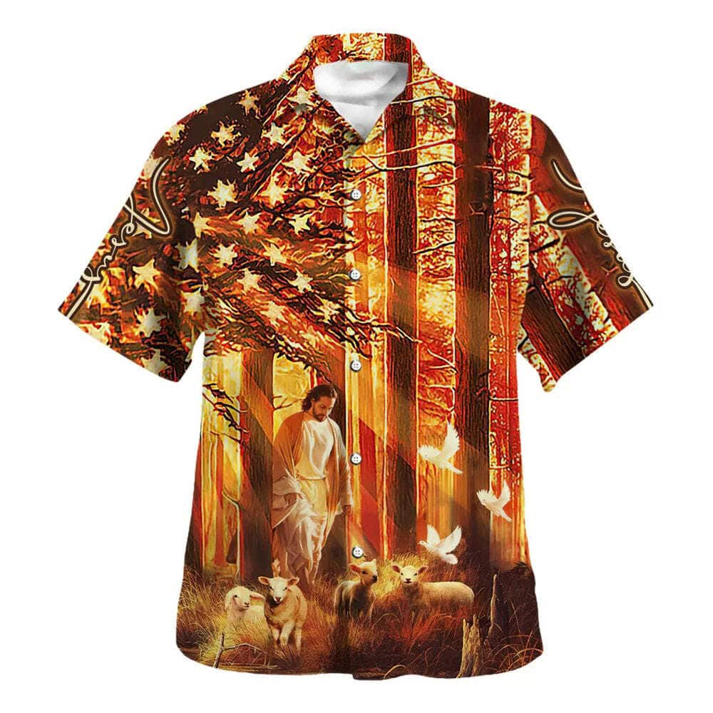 US Flag Jesus Walking In The Forest With The Sheep Christian Religious Hawaiian Shirt