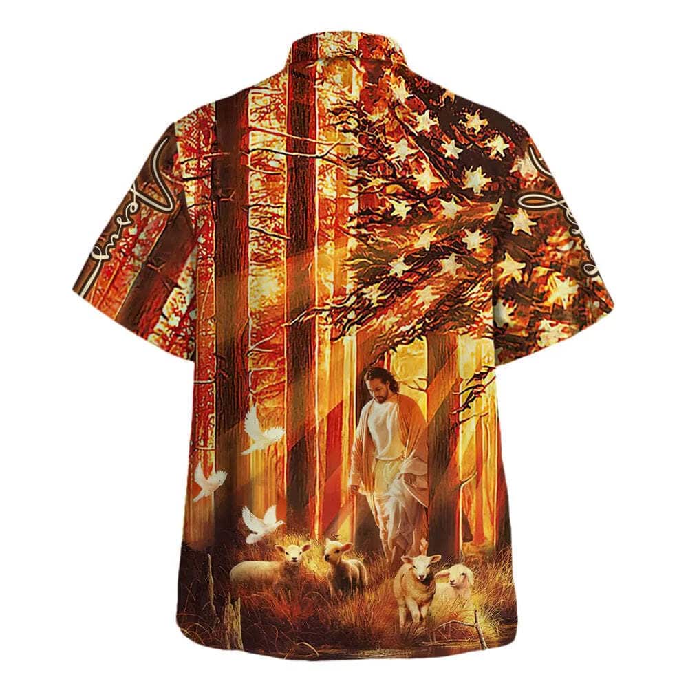 US Flag Jesus Walking In The Forest With The Sheep Christian Religious Hawaiian Shirt US Flag Jesus Walking In The Forest With The Sheep Christian Religious Hawaiian Shirt