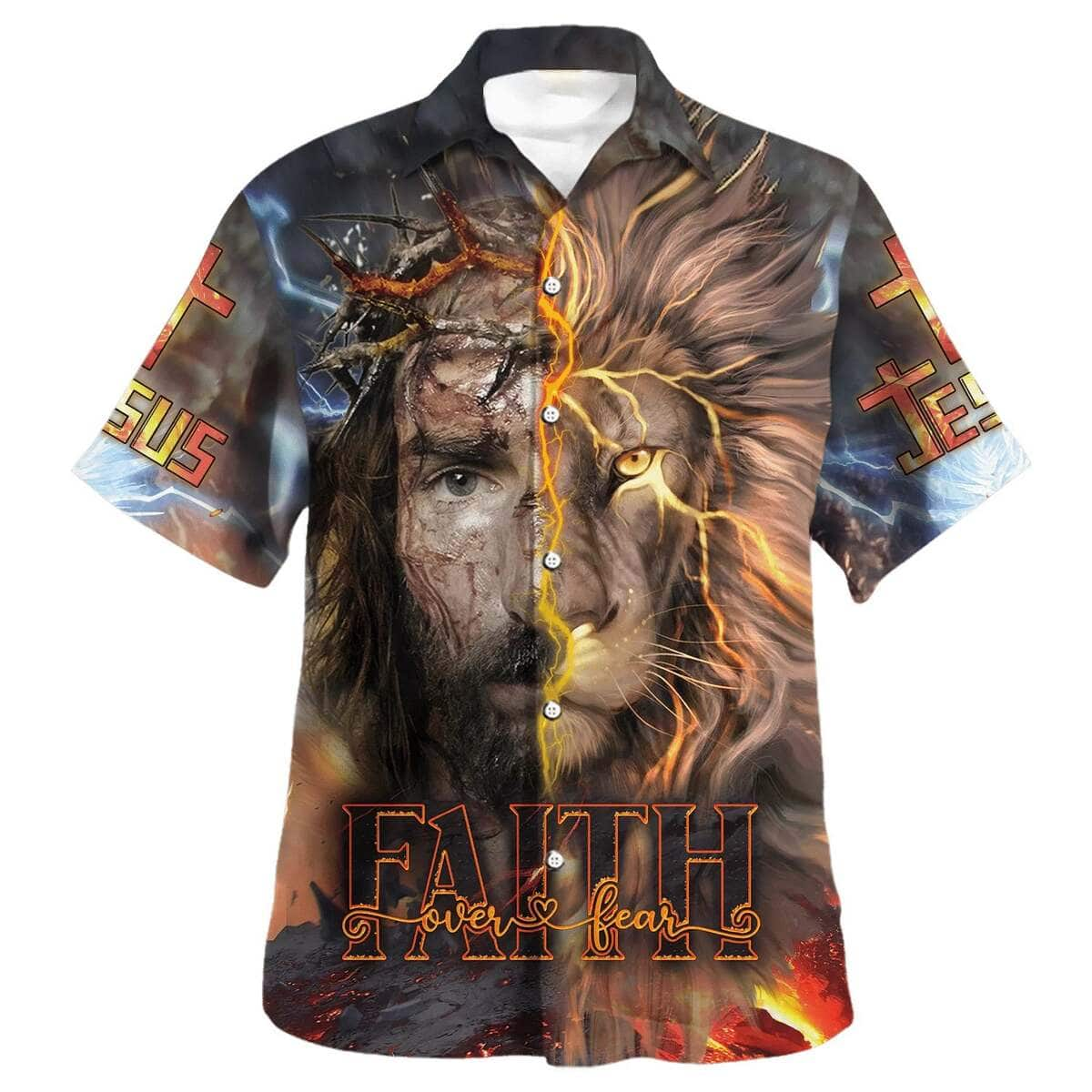 Jesus Praying Lion Christian Cross Faith Over Fear Christian Religious Hawaiian Shirt