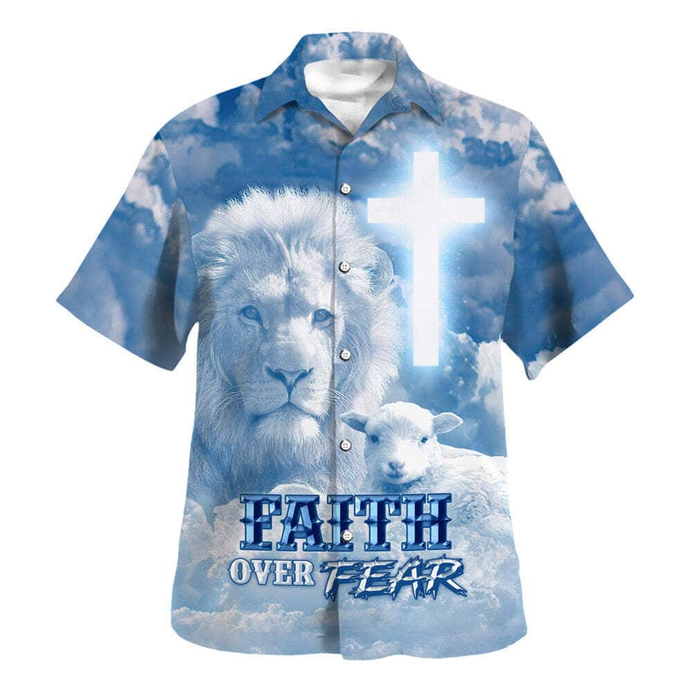 Faith Over Fear Bible Verse Jesus Lion Lamb Christian Religious Hawaiian Shirt