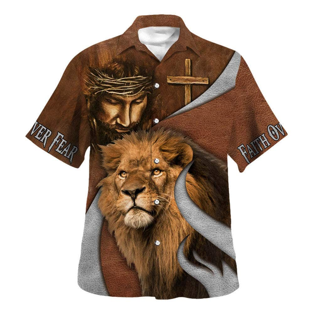 Faith Over Fear Bible Verse Jesus Lion Christian Religious Hawaiian Shirt