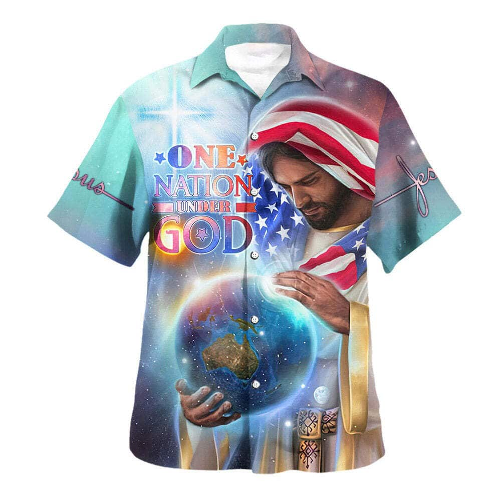 One Nation Under God Jesus Holding Earth American Flag Independence Day Christian Summer Hawaiian Shirt