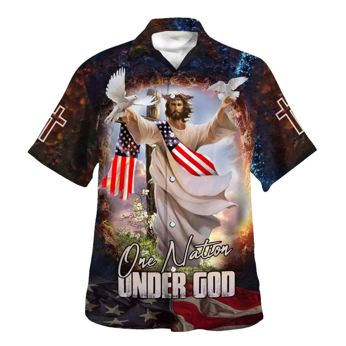 Jesus With His Arms Open Dove 4th Of July One Nation Under God Christian Hawaiian Shirt