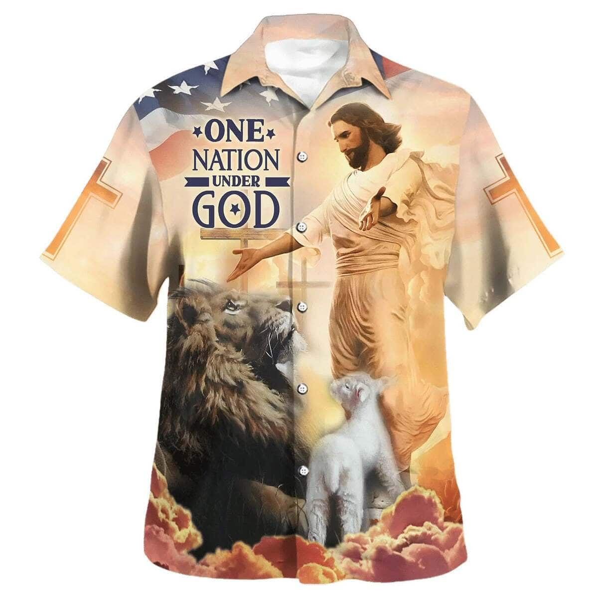 American Flag 4th Of July Jesus Open Arms One Nation Under God Christian Summer Hawaiian Shirt