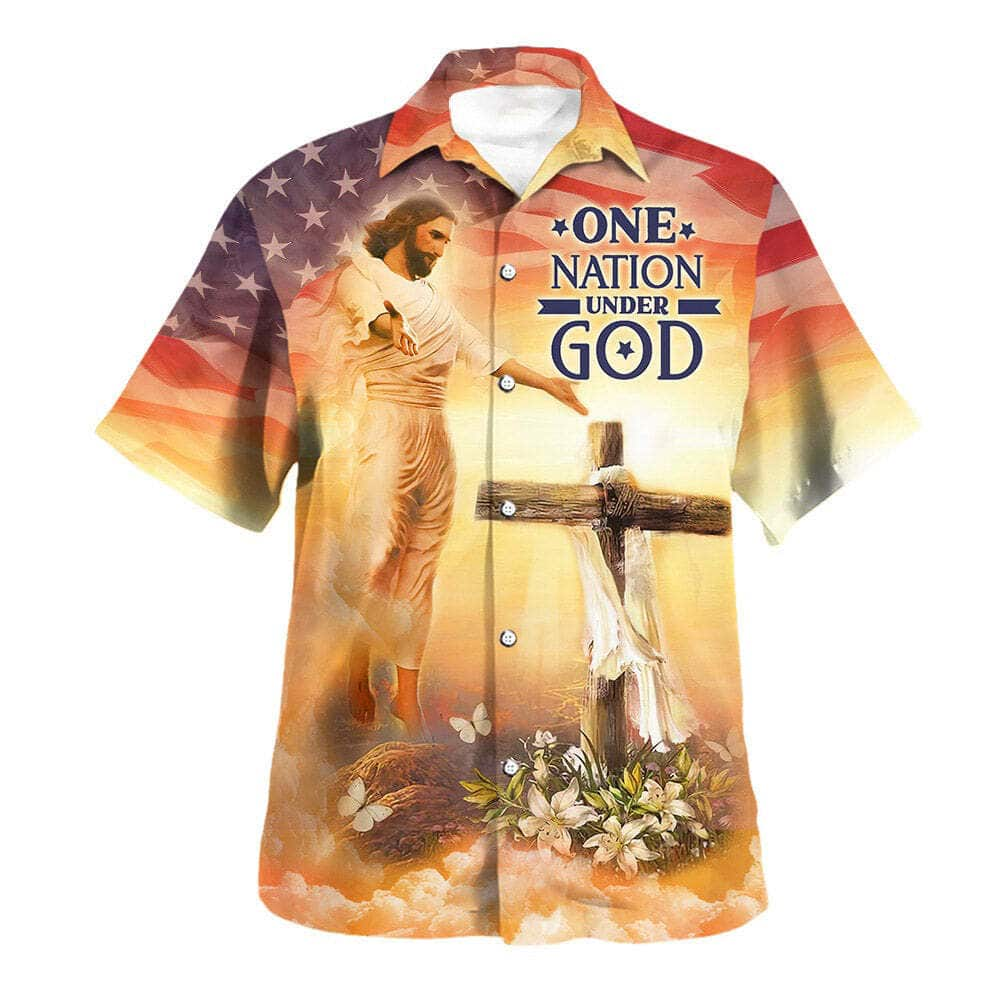 Jesus Open Arms US Flag 4th Of July Cross One Nation Under God Christian Summer Hawaiian Shirt