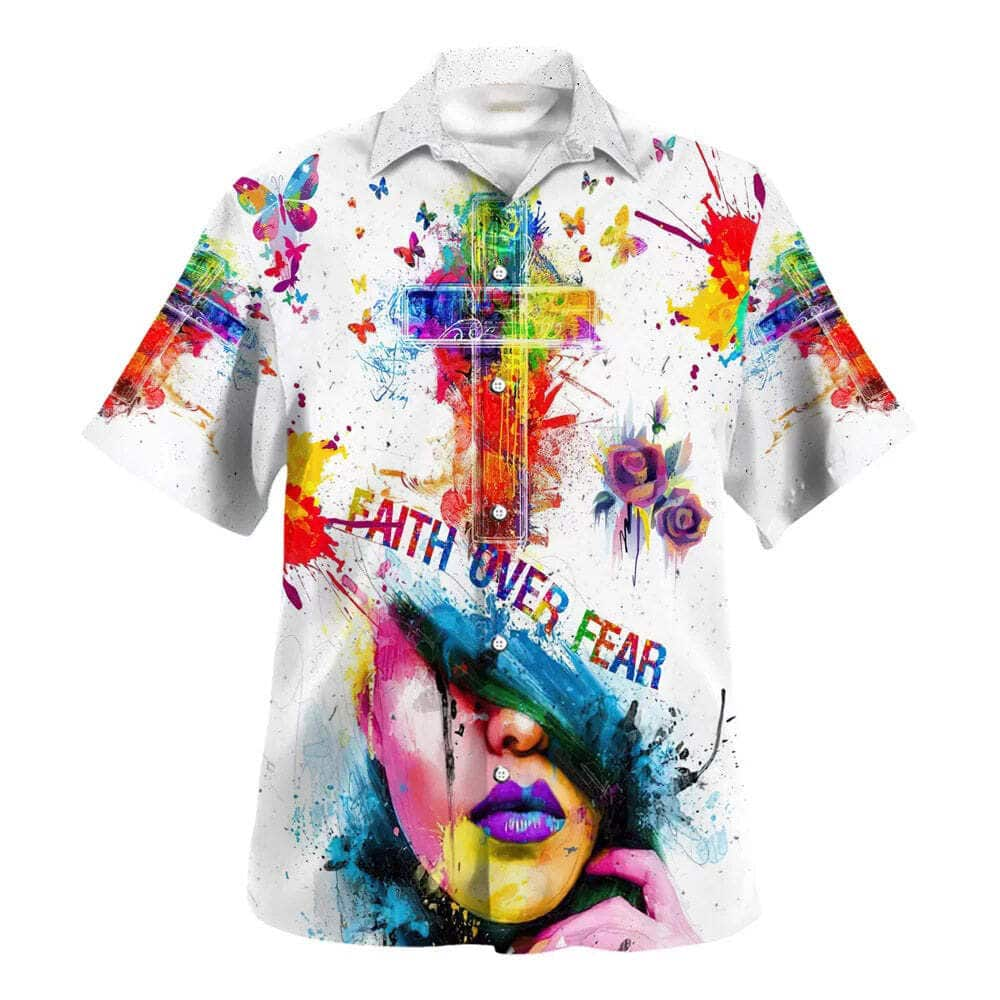 Colorful Faith Over Fear Bible Verse Cross Christian Summer Hawaiian Shirt