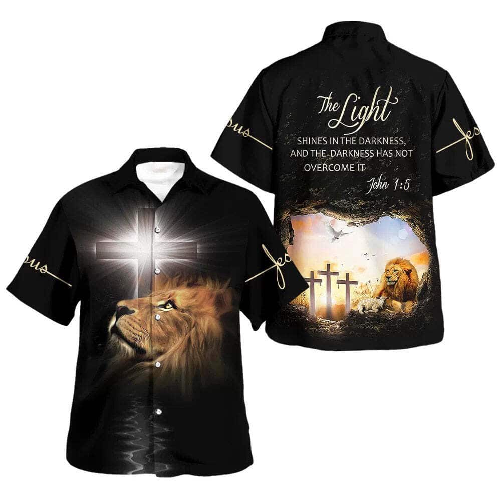 The Light Shines In The Darkness Lion Cross Christian Hawaiian Shirt Summer The Light Shines In The Darkness Lion Cross Christian Hawaiian Shirt Summer