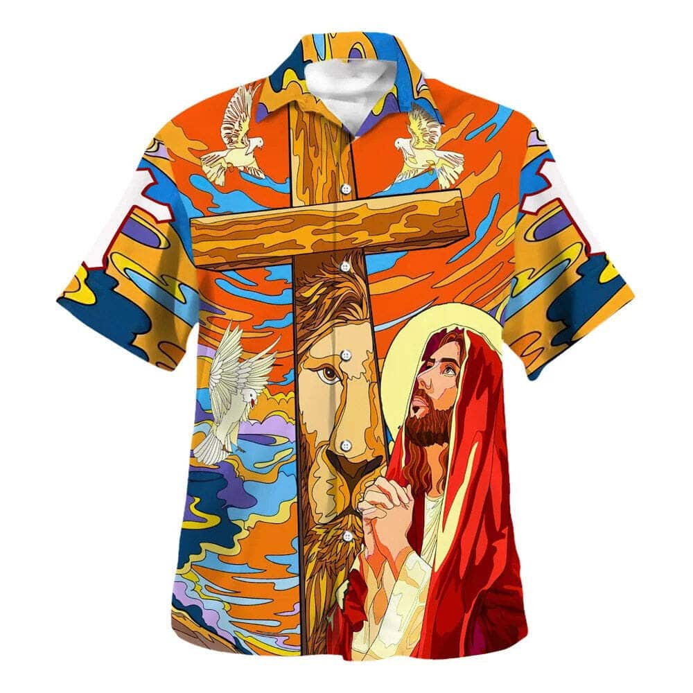 Jesus Prayer Lion Cross Dove Christian Hawaiian Shirt