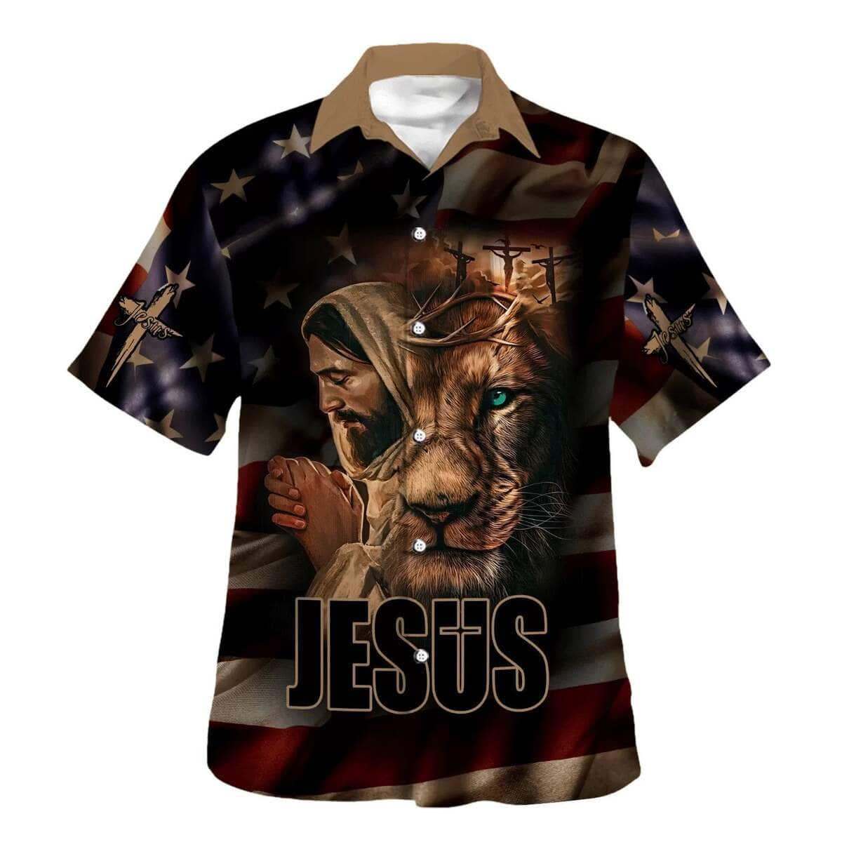 Jesus Lion Of Judah American Flag Christian 4th Of July Hawaiian Shirt